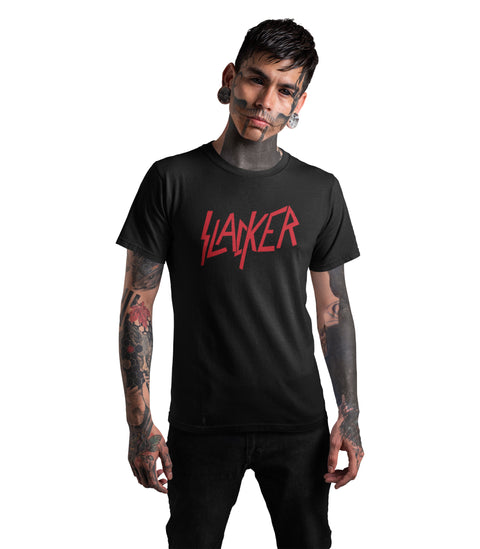 Tattooed nu-goth punk model wearing a black Slacker Slayer parody T-shirt