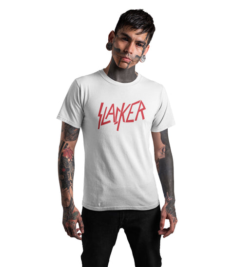 Tattooed nu-goth punk male model wearing a white Slacker Slayer parody T-shirt