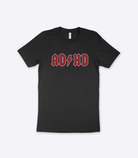 A parody spoof black t-shirt of the classic AC/DC logo but with the letters "AD HD" instead - designed by Amok