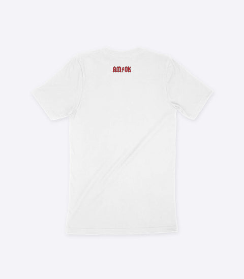 A parody spoof white t-shirt of the classic AC/DC logo but with the letters "AD HD" instead - designed by Amok
