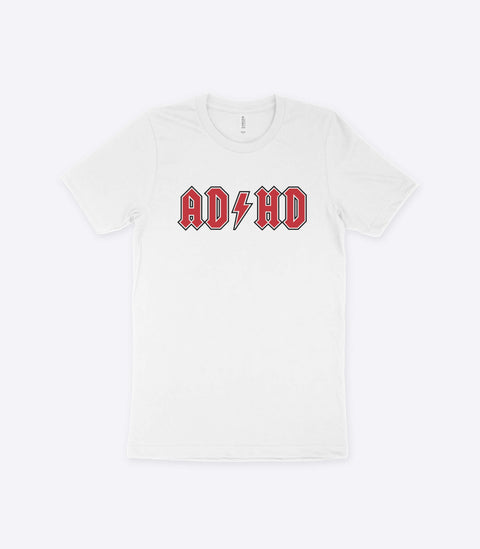 A parody spoof white t-shirt of the classic AC/DC logo but with the letters "AD HD" instead - designed by Amok