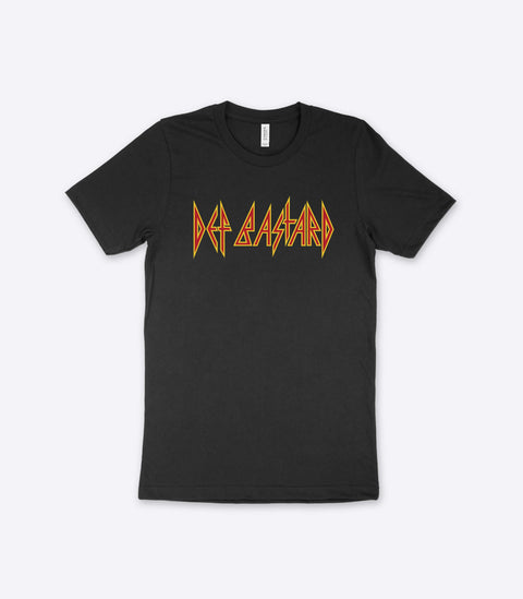 A parody spoof black t-shirt of the classic Def Leppard logo but with the words "Def Bastard" instead - designed by Amok