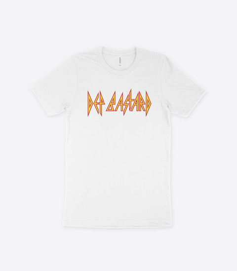 A parody spoof white t-shirt of the classic Def Leppard logo but with the words "Def Bastard" instead - designed by Amok