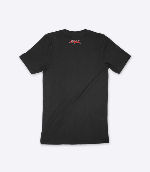 A parody spoof black t-shirt of the classic Iron Maiden logo but with the words "Iama Madman" instead - designed by Amok