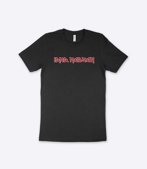 A parody spoof black t-shirt of the classic Iron Maiden logo but with the words "Iama Madman" instead - designed by Amok