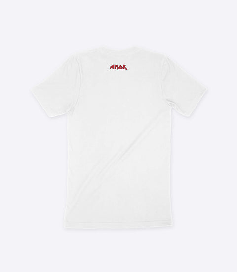 A parody spoof white t-shirt of the classic Iron Maiden logo but with the words "Iama Madman" instead - designed by Amok