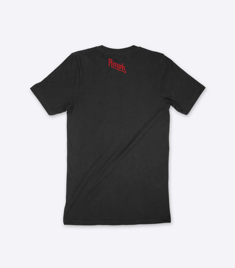 A parody spoof black t-shirt of the classic Judas Priest logo but with the words "Justas Pissed" instead - designed by Amok