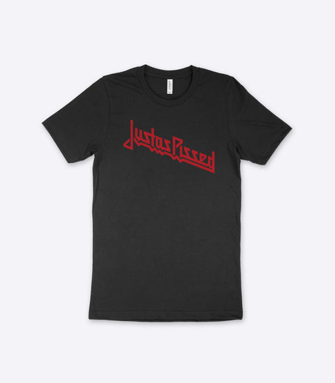 A parody spoof black t-shirt of the classic Judas Priest logo but with the words "Justas Pissed" instead - designed by Amok