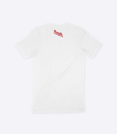 A parody spoof white t-shirt of the classic Judas Priest logo but with the words "Justas Pissed" instead - designed by Amok