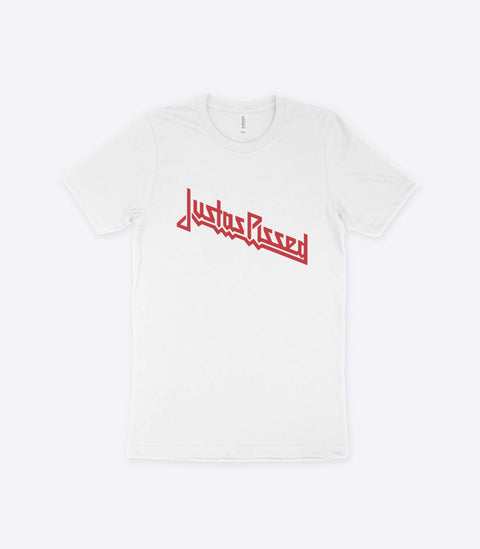 A parody spoof white t-shirt of the classic Judas Priest logo but with the words "Justas Pissed" instead - designed by Amok