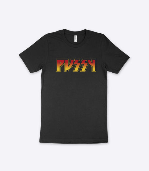 A parody spoof black t-shirt of the classic Kiss logo but with the word "Pussy" instead - designed by Amok