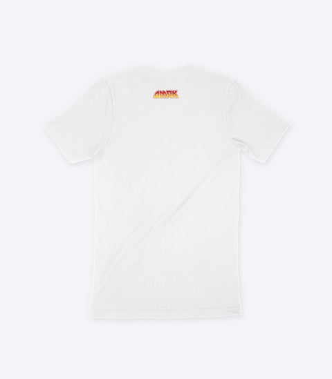 A parody spoof white t-shirt of the classic Kiss logo but with the word "Pussy" instead - designed by Amok