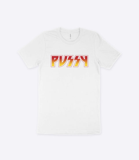 A parody spoof white t-shirt of the classic Kiss logo but with the word "Pussy" instead - designed by Amok