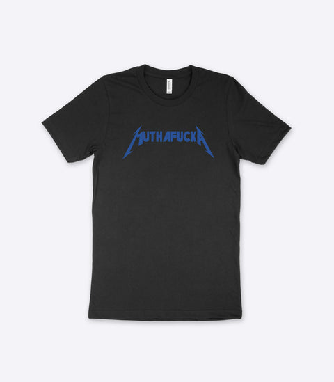 A parody spoof black t-shirt of the classic Metallica logo but with the word "Muthafucka" instead - designed by Amok
