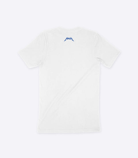 A parody spoof white t-shirt of the classic Metallica logo but with the word "Muthafucka" instead - designed by Amok
