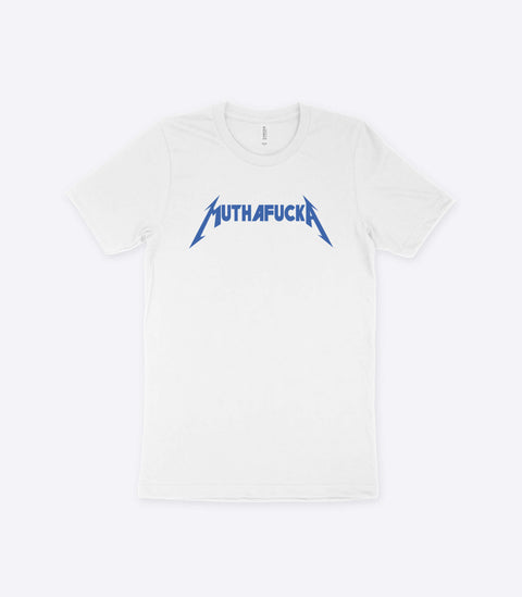 A parody spoof white t-shirt of the classic Metallica logo but with the word "Muthafucka" instead - designed by Amok