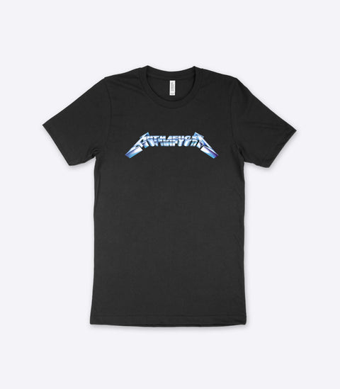 A parody spoof black t-shirt of the classic 3D Metallica logo but with the word "Muthafucka" instead - designed by Amok