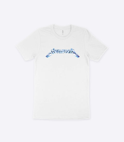 A parody spoof white t-shirt of the classic 3D Metallica logo but with the word "Muthafucka" instead - designed by Amok