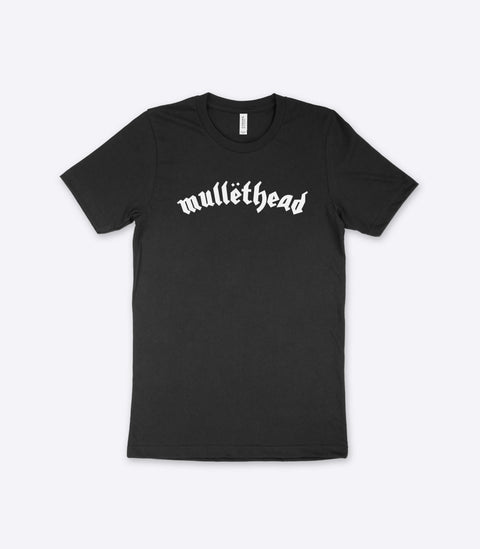 A parody spoof black t-shirt of the classic Motorhead logo but with the word "Mullethead" instead - designed by Amok