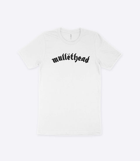 A parody spoof white t-shirt of the classic Motorhead logo but with the word "Mullethead" instead - designed by Amok