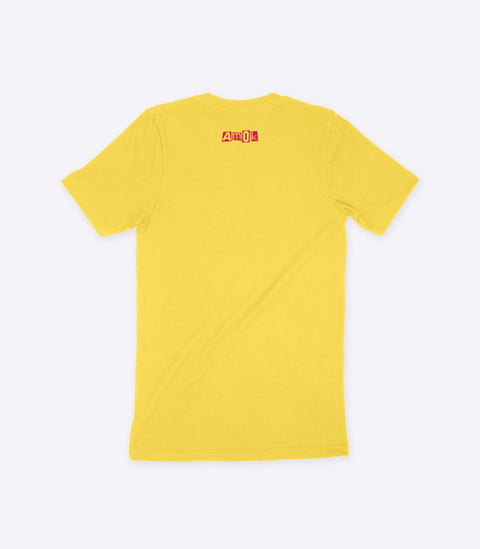 A parody spoof yellow t-shirt of the classic Sex Pistols logo but with the words "No Furniture" instead - designed by Amok