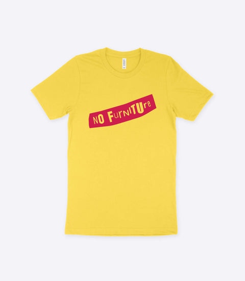 A parody spoof yellow t-shirt of the classic Sex Pistols logo but with the words "No Furniture" instead - designed by Amok