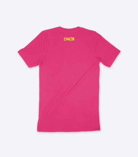 A parody spoof pink t-shirt of the classic Sex Pistols logo but with the words "No Furniture" instead - designed by Amok