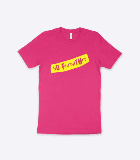 A parody spoof pink t-shirt of the classic Sex Pistols logo but with the words "No Furniture" instead - designed by Amok