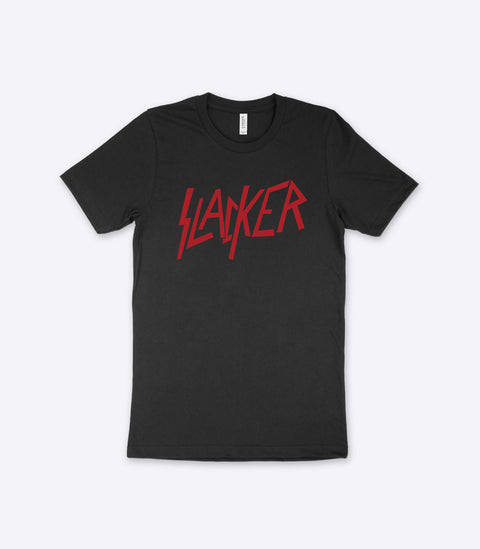 A parody spoof black t-shirt of the classic Slayer logo but with the word "Slacker" instead - designed by Amok