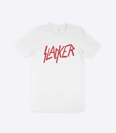 A parody spoof white t-shirt of the classic Slayer logo but with the word "Slacker" instead - designed by Amok