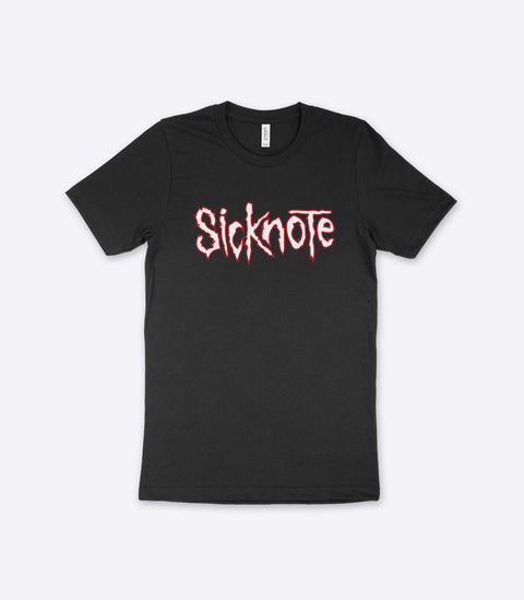 A parody spoof black t-shirt of the classic Slipknot logo but with the word "Sicknote" instead - designed by Amok