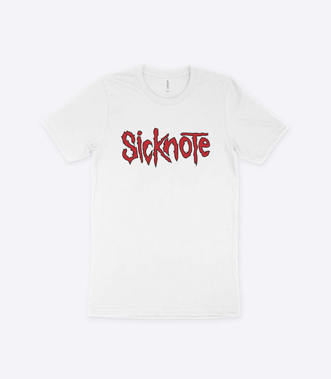 A parody spoof white t-shirt of the classic Slipknot logo but with the word "Sicknote" instead - designed by Amok