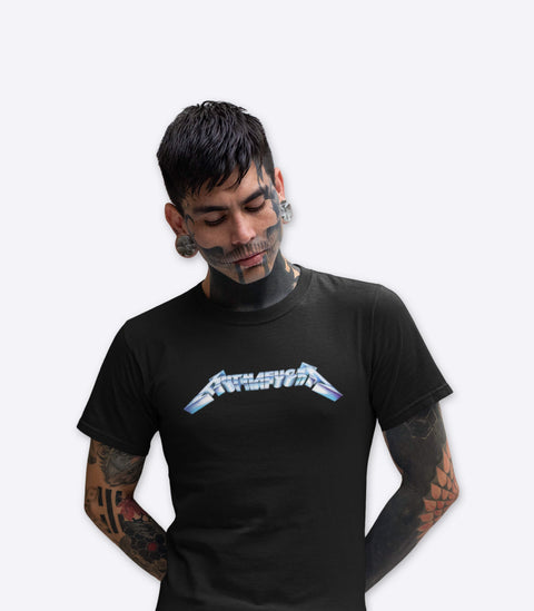 Tattooed emo goth guy modelling a spoof Metallica tshirt designed by Amok