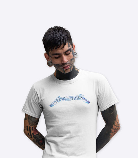 Tattooed emo goth guy modelling a spoof white Metallica tshirt designed by Amok