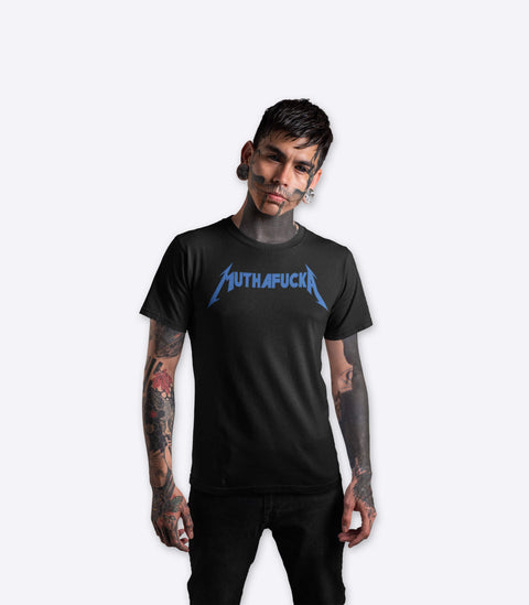 Metal emo punk guy with heavily tattooed face with a spoof Metallica tshirt designed by Amok