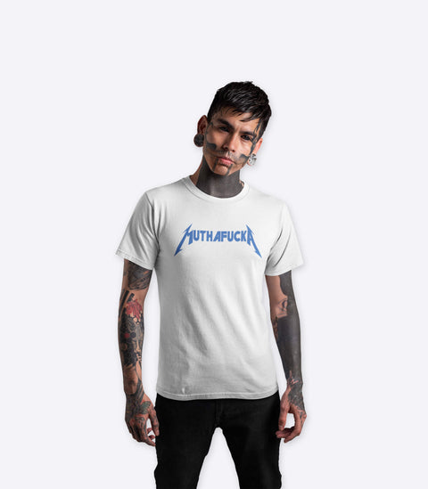 Metal emo punk guy with heavily tattooed face with a spoof white Metallica tshirt designed by Amok