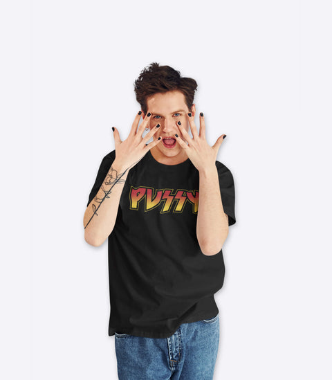 Tattooed emo punk model wearing a spoof Kiss t-shirt designed by Amok