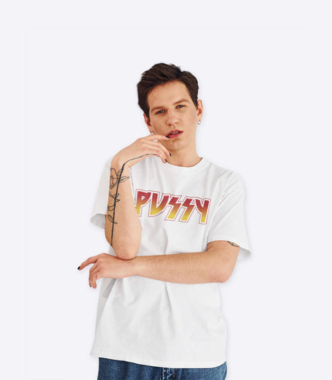 Tattooed emo punk model wearing a spoof white Kiss t-shirt designed by Amok