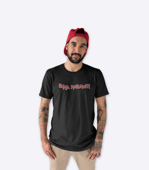 Tattooed metal dude wearing a spoof Iron Maiden tshirt designed by Amok