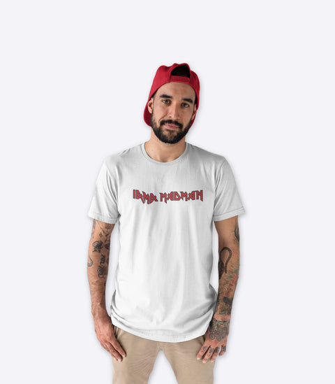 Tattooed metal dude wearing a spoof white Iron Maiden tshirt designed by Amok