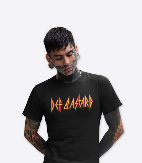 Metal goth guy with tattooed face modelling a spoof Def Leppard tshirt designed by Amok