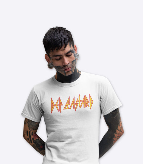 Metal goth guy with tattooed face modelling a spoof white Def Leppard tshirt designed by Amok