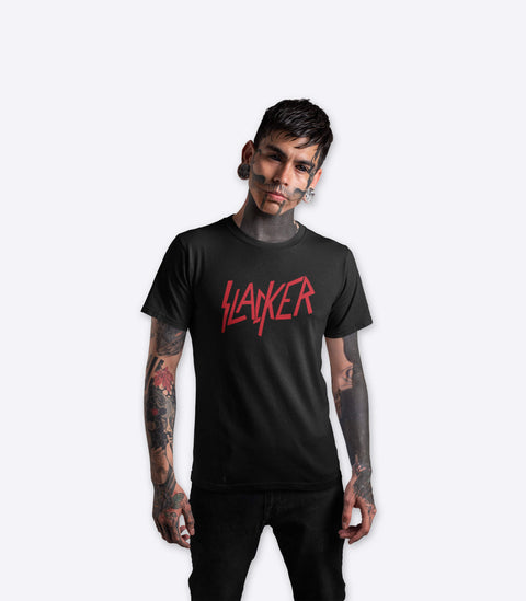 Nu goth punk with tattooed face wearing a spoof parody Slayer tshirt designed by Amok