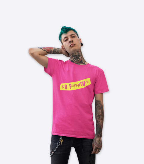 Punk guy with tattoos modelling a spoof Sex Pistols pink t-shirt designed by Amok