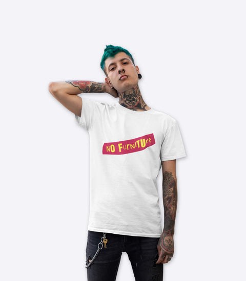 Punk guy with tattoos modelling a spoof Sex Pistols white t-shirt designed by Amok