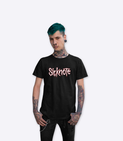 Tattooed punk emo guy modelling a spoof parody Slipknot tshirt designed by Amok