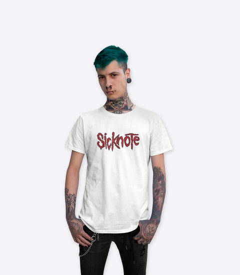 Tattooed punk emo guy modelling a spoof parody white Slipknot tshirt designed by Amok