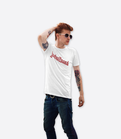 Tattooed rocker dude wearing a spoof of the classic Judas Priest white tshirt deigned by Amok