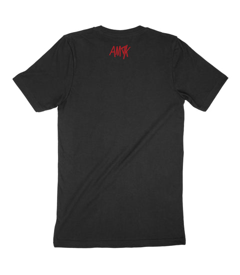 Black Slacker parody T-shirt with AMOK neck print, back view