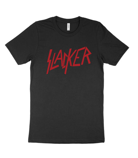 Black Slacker parody T-shirt inspired by the classic Slayer logo, front view